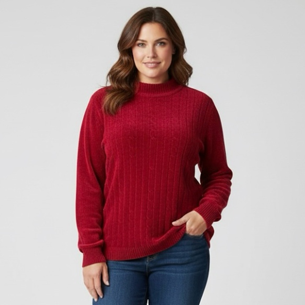 Alfred Dunner Mockneck Red Sweater Chenille Cabled Winter Holiday Christmas 3X - Picture 1 of 17